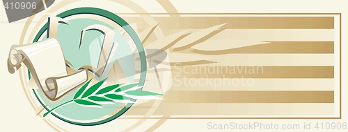 Image of Horizontal tawny background with roll, book and palm branch