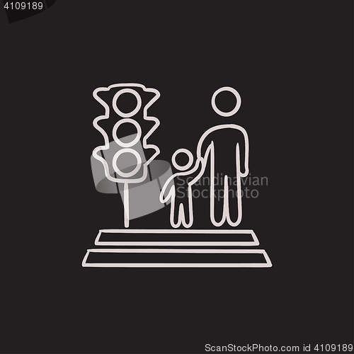 Image of Parent and child crossing the street sketch icon.