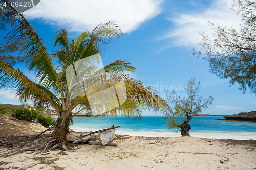 Image of abadoned boat in sandy beach in Antsiranana bay Madagascar