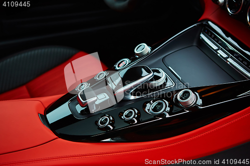 Image of Detail of modern car interior, gear stick