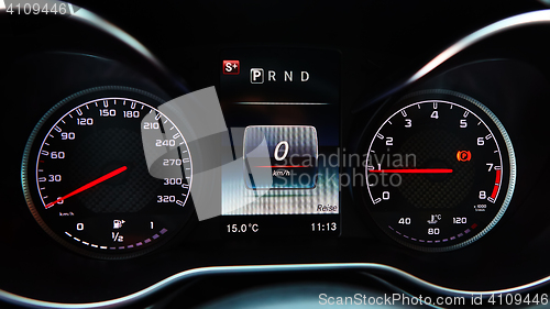 Image of Modern car speedometer. Close up shot of the dashboard