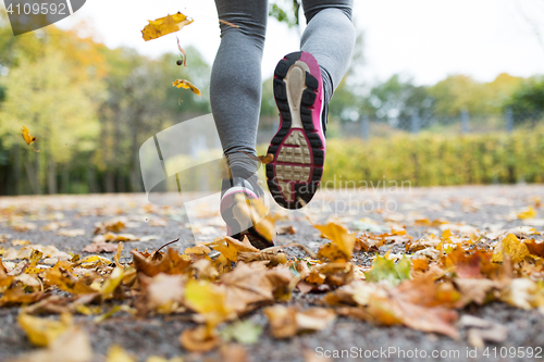 Image of close up of young woman running in autumn park