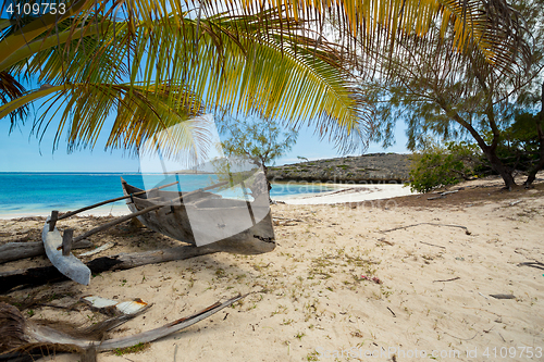 Image of abadoned boat in sandy beach in Antsiranana bay Madagascar