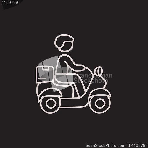 Image of Man carrying goods on bike sketch icon.
