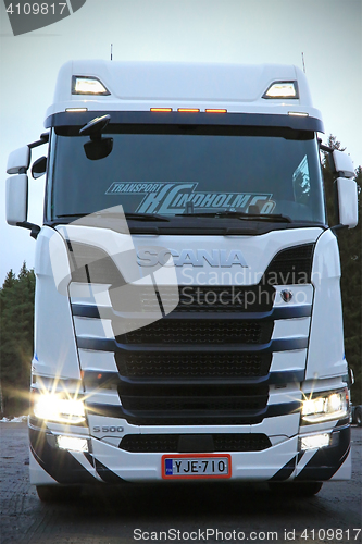 Image of Next Generation Scania Truck with Shining Headlights