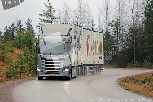 Image of New Next Generation Scania R500 Trailer Truck on the Rainy Road 