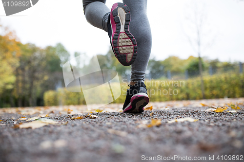 Image of close up of young woman running in autumn park