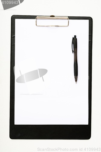 Image of Black clipboard with a pen isolated