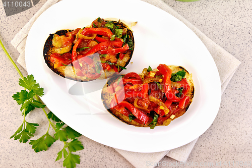 Image of Bruschetta with vegetables in plate on table top