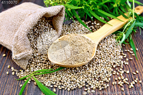 Image of Flour hemp in spoon with bag and grains on board