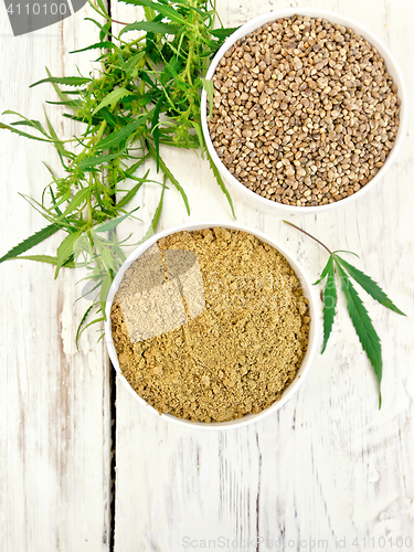 Image of Flour hemp and grain in bowls on board top