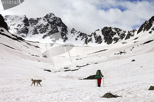 Image of Hiker with dog at spring snowy mountains in cloudy morning