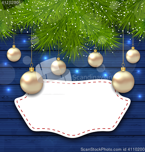 Image of Navidad greeting card with golden balls and fir branches