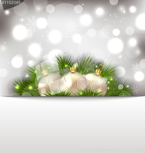 Image of Merry Christmas postcard with fir branches and golden balls