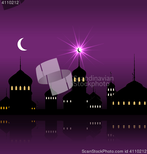 Image of Ramadan Kareem Night Background with Silhouette Mosque and Minarets