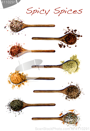 Image of Collection of Spices in Wooden Spoons