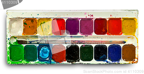 Image of Watercolor paints set and brush