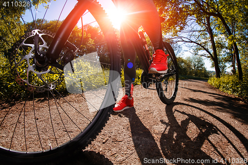 Image of Young woman having fun riding a bicycle in the park.