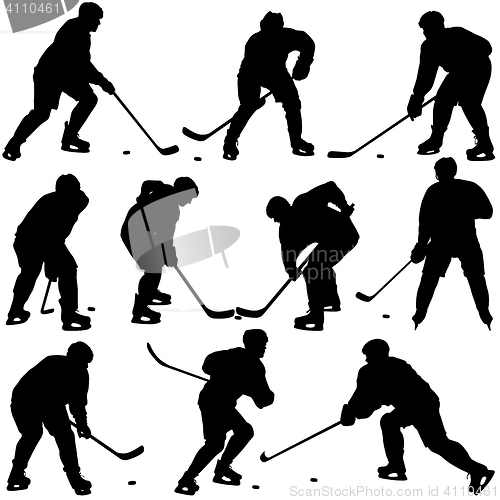 Image of Set of silhouettes of hockey player. Isolated on white. 