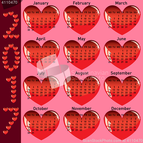 Image of Stylish calendar with red hearts for 2017