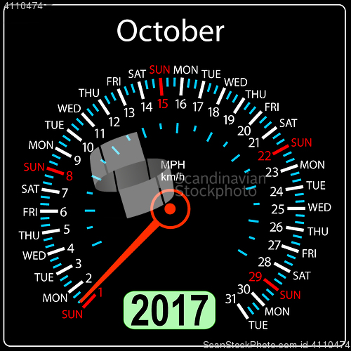 Image of year 2017 calendar speedometer car. October