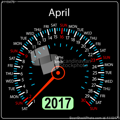 Image of year 2017 calendar speedometer car. April