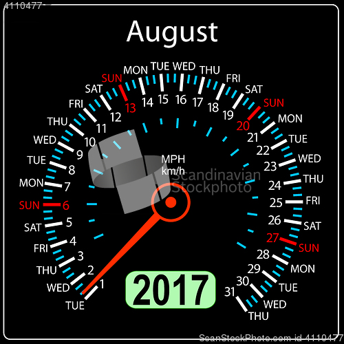 Image of year 2017 calendar speedometer car. August