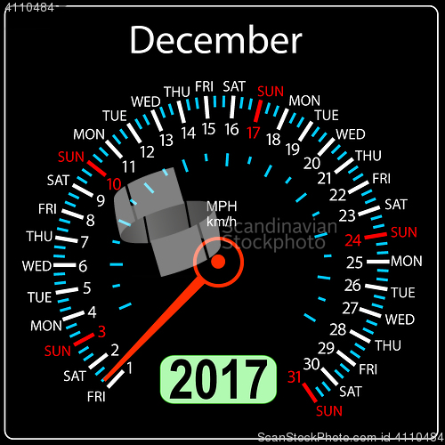 Image of year2017 calendar speedometer car. December