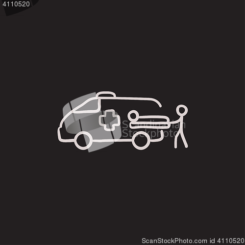 Image of Man with patient and ambulance car sketch icon