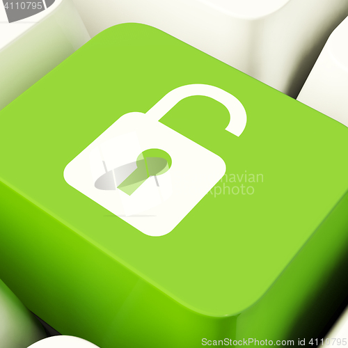 Image of Unlocked Padlock Computer Key In Green Showing Access Or Protect