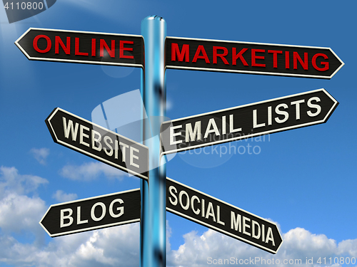 Image of Online Marketing Signpost Showing Blogs Websites Social Media An