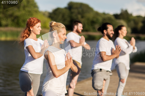 Image of people making yoga in tree pose on mat outdoors