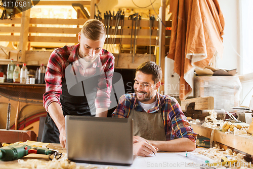 Image of carpenters with laptop and blueprint at workshop