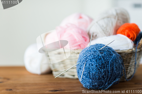 Image of basket with knitting needles and balls of yarn