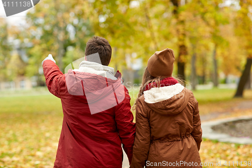 Image of happy young couple walking in autumn park