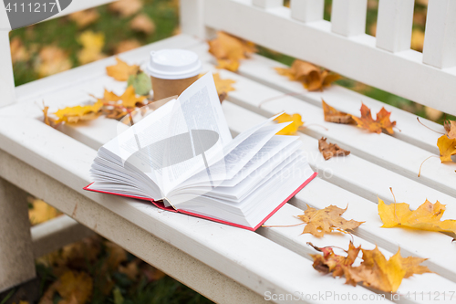 Image of open book and coffee cup on bench in autumn park