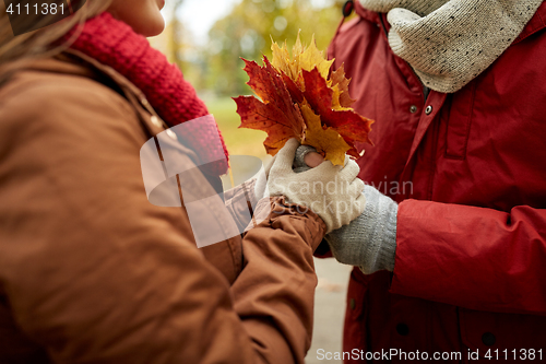 Image of close up of happy couple with autumn maple leaves