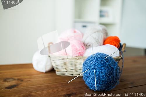 Image of basket with knitting needles and balls of yarn