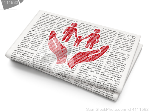 Image of Insurance concept: Family And Palm on Newspaper background