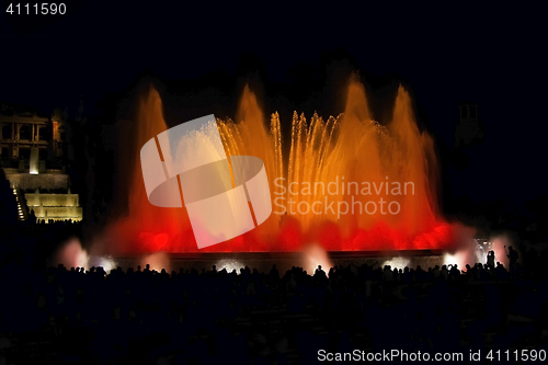 Image of Night view famous Montjuic Fountain in Barcelona Spain