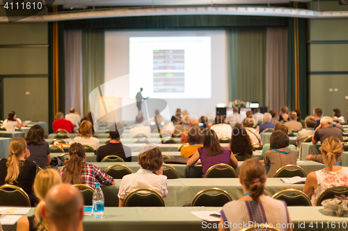 Image of Audience in lecture hall participating at business conference.