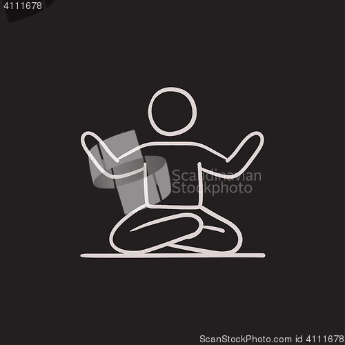 Image of Man meditating in lotus pose sketch icon.