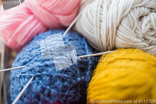 Image of close up of knitting needles and yarn balls
