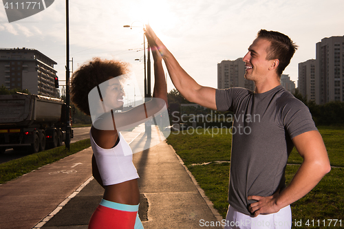 Image of multiethnic group of people on the jogging