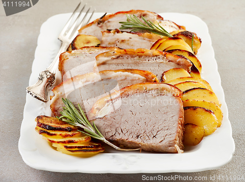 Image of roasted pork slices on white plate