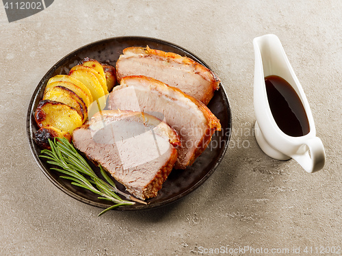 Image of roasted pork slices and potatoes