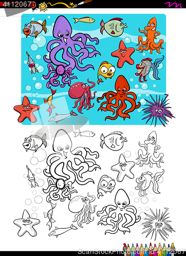 Image of sea life group coloring page