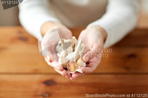 Image of close up of woman hands holding garlic