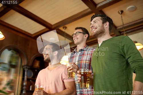 Image of friends with beer watching sport at bar or pub