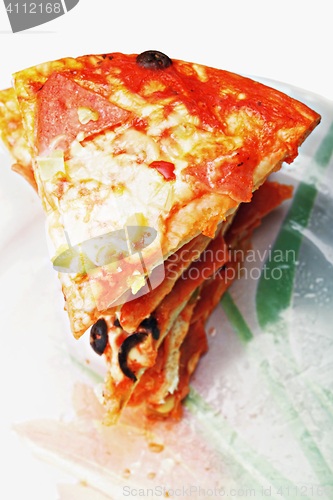 Image of Stack of pizza slices on plate